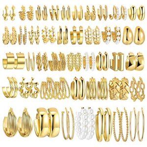 42 Pair Gold Hoop Earrings Set Pearl CZ Chunky Small Large
